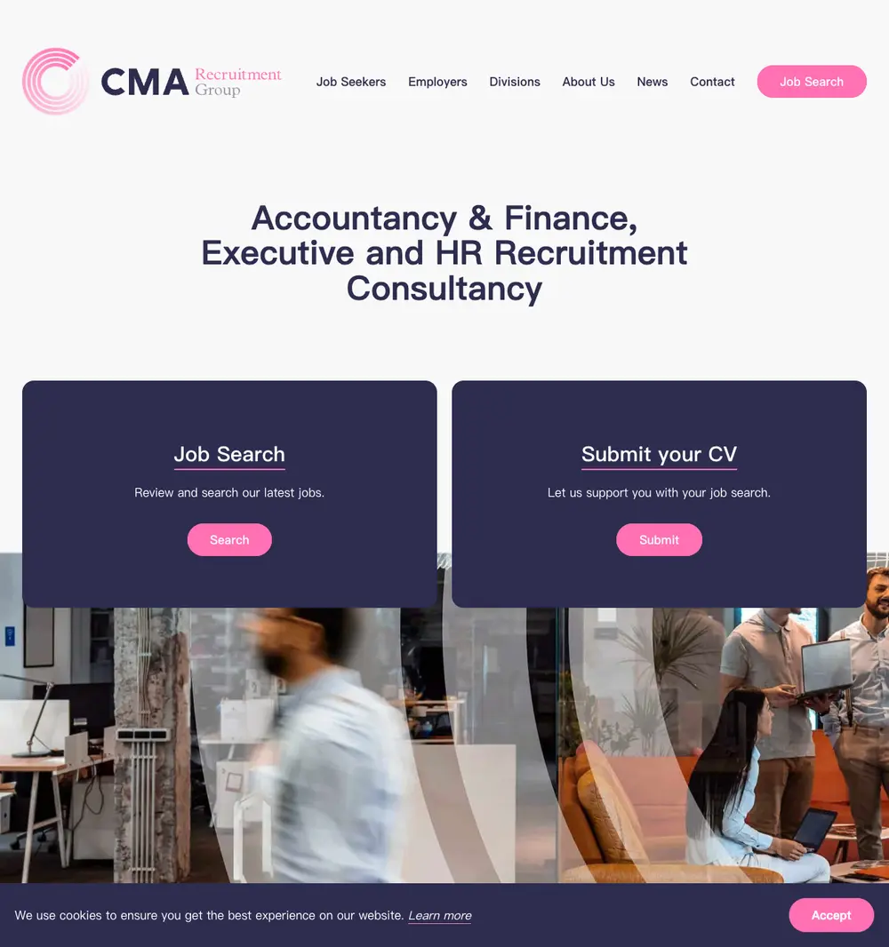 CMA Recruitment Group job board platform screenshot showing job search interface