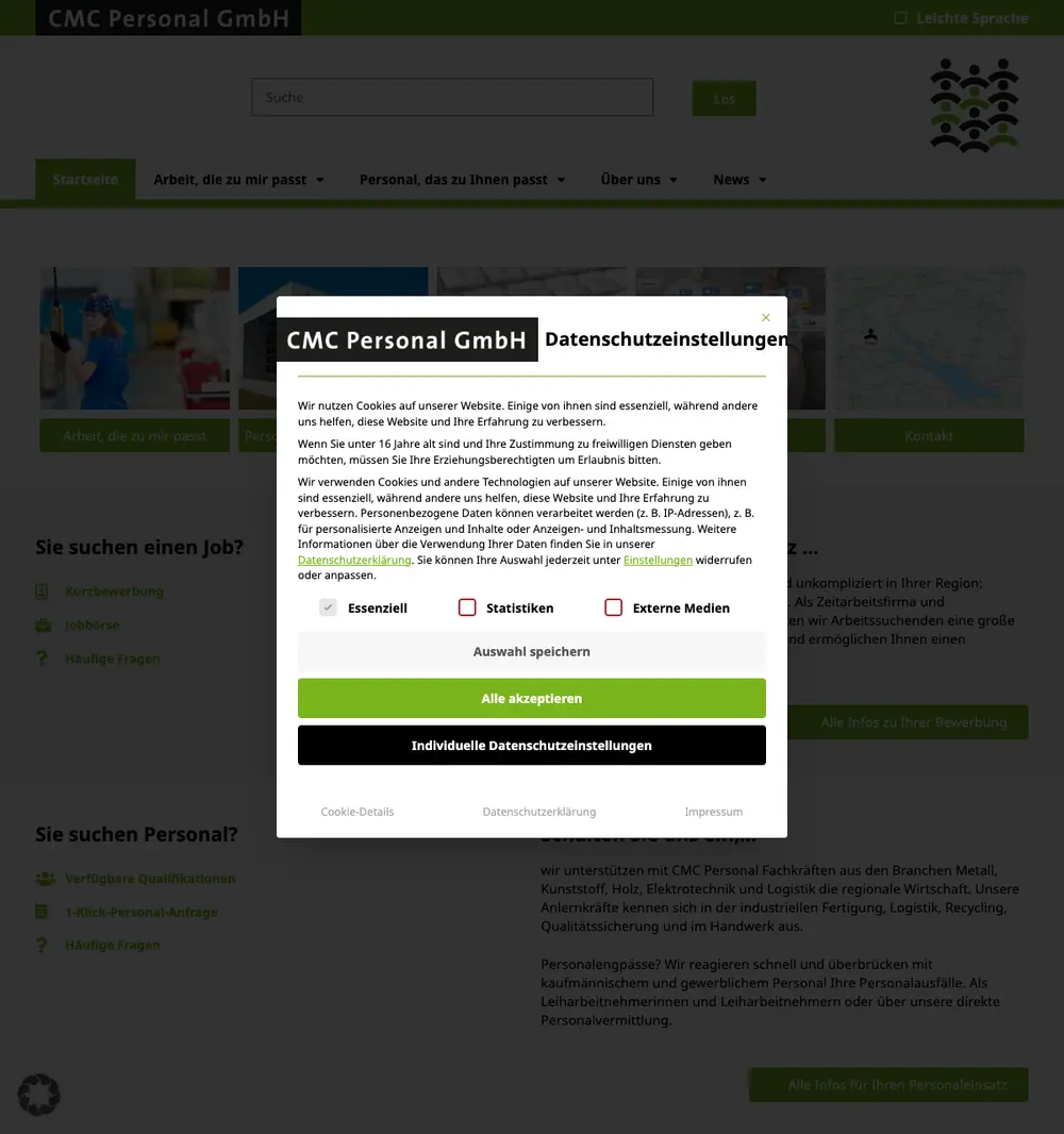 CMC Personal job board platform screenshot showing job search interface