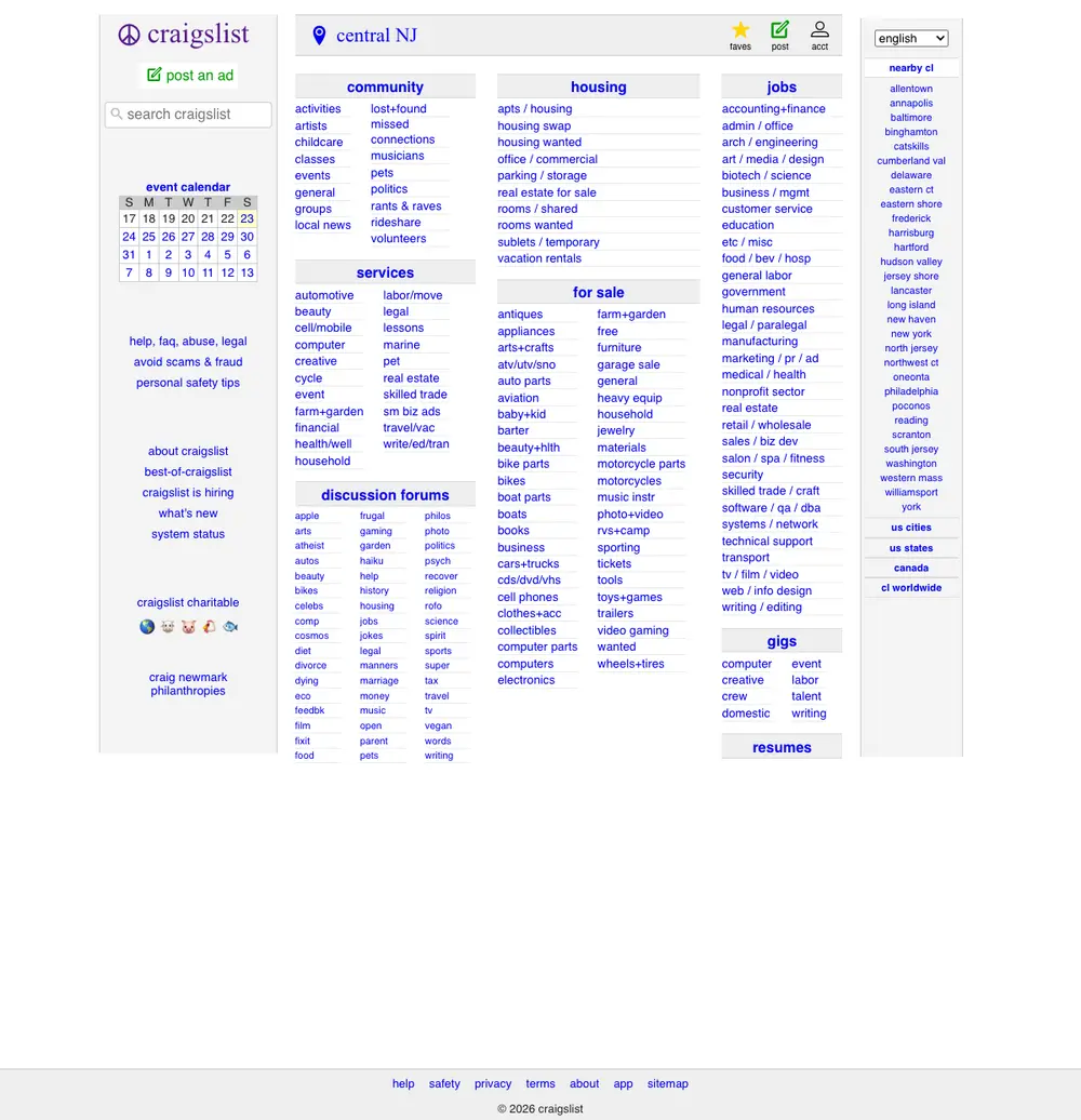 craigslist job board platform screenshot showing job search interface