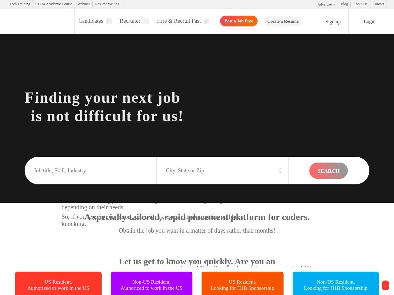 CodersAmerica job board platform screenshot showing job search interface