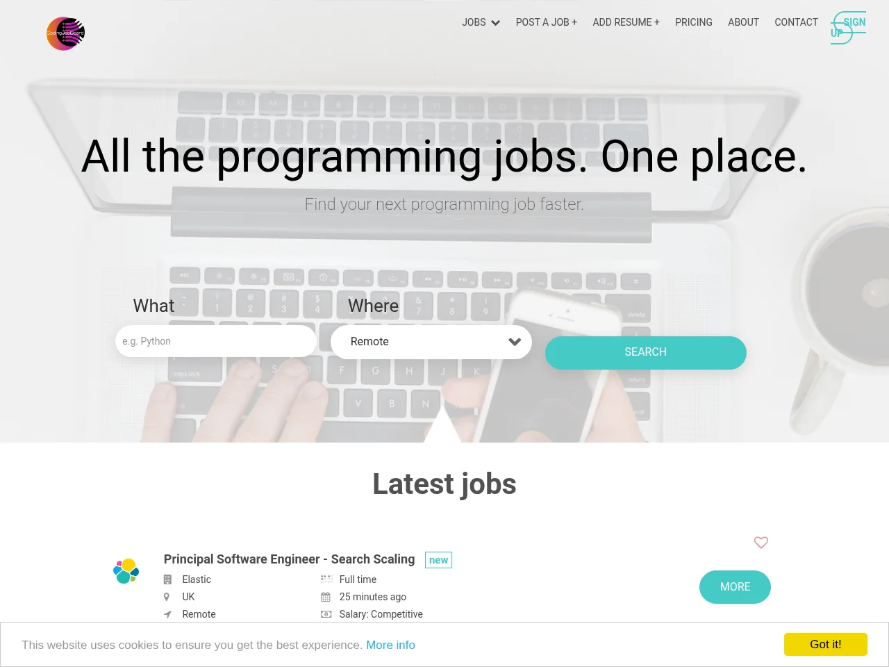 CodingJobBoard.com job board platform screenshot showing job search interface
