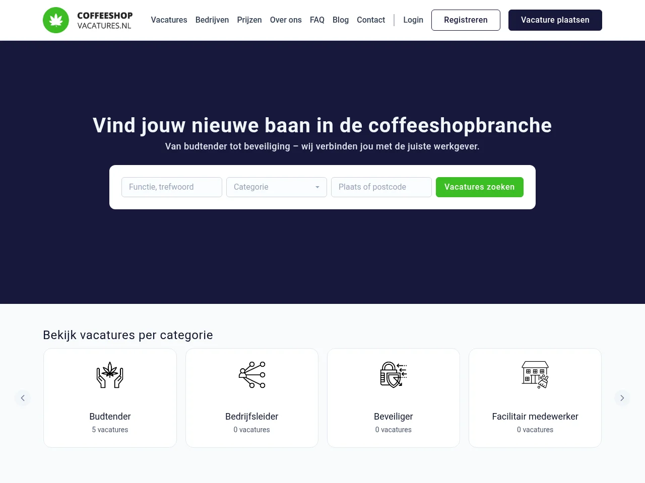 Coffeeshop Vacatures Nederland job board platform screenshot showing job search interface