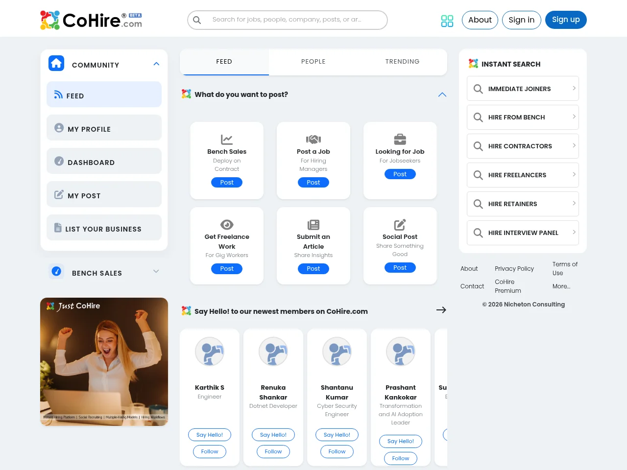 CoHire.com job board platform screenshot showing job search interface