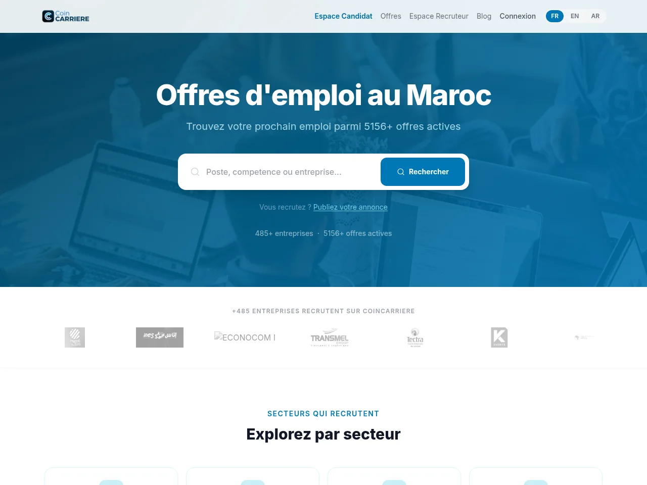 CoinCarrière job board platform screenshot showing job search interface