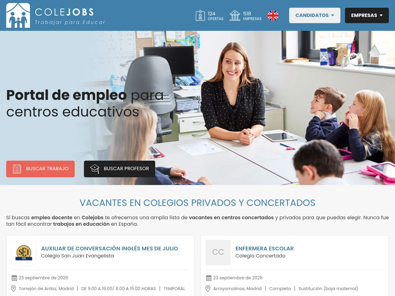 Colejobs job board platform screenshot showing job search interface