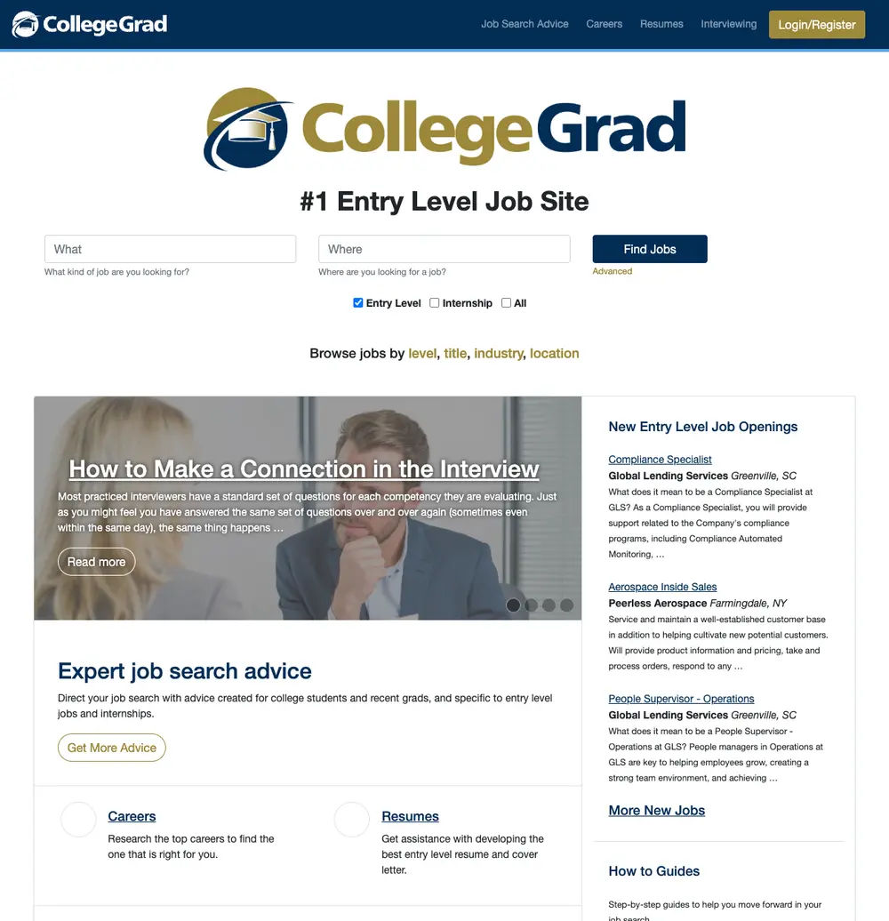 CollegeGrad job board platform screenshot showing job search interface