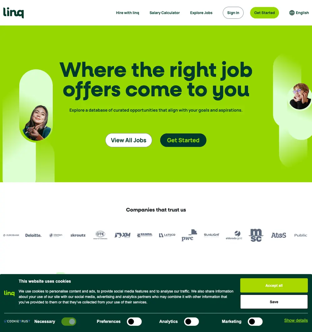 linq job board platform screenshot showing job search interface