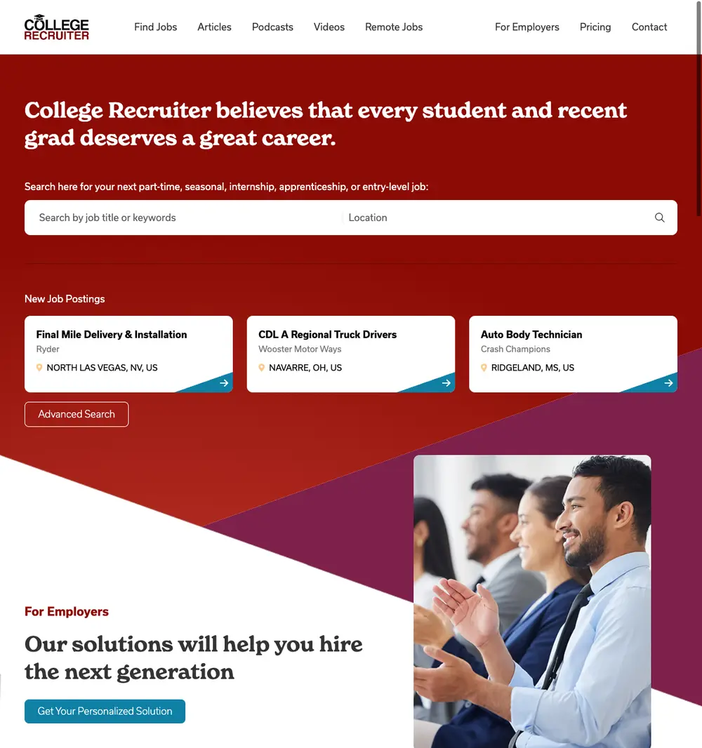 CollegeRecruiter job board platform screenshot showing job search interface