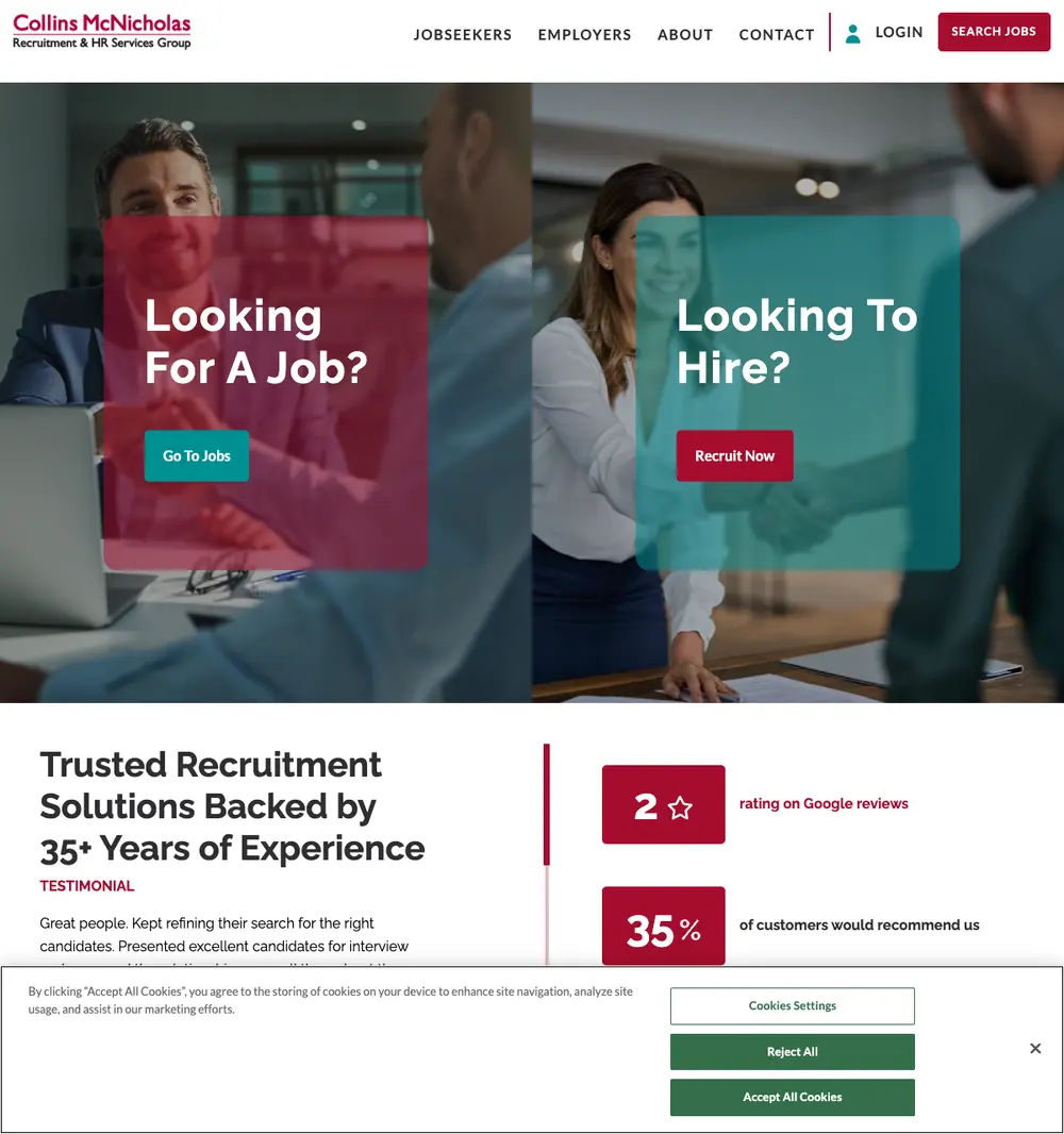 Collins McNicholas job board platform screenshot showing job search interface