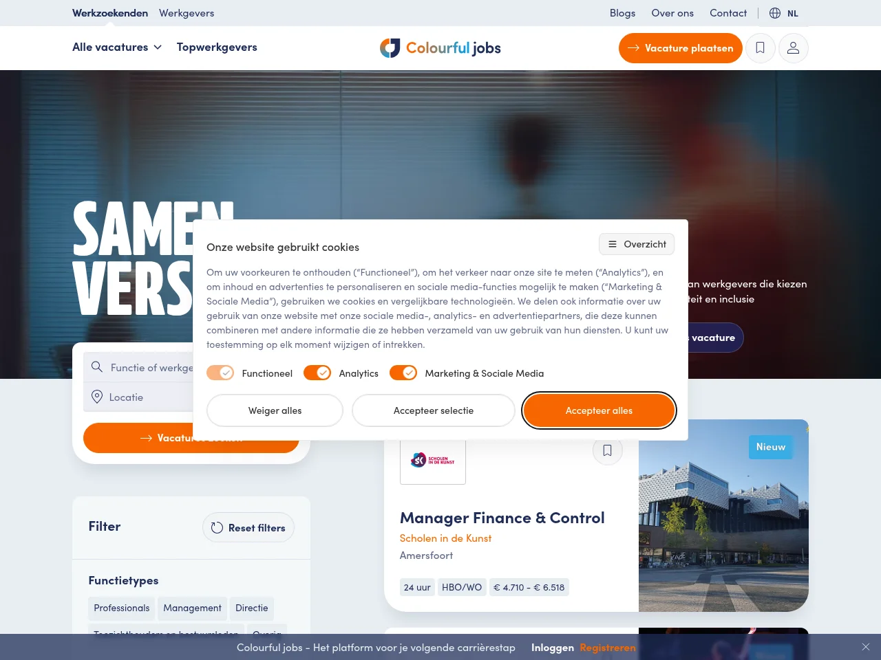 Colourful jobs job board platform screenshot showing job search interface