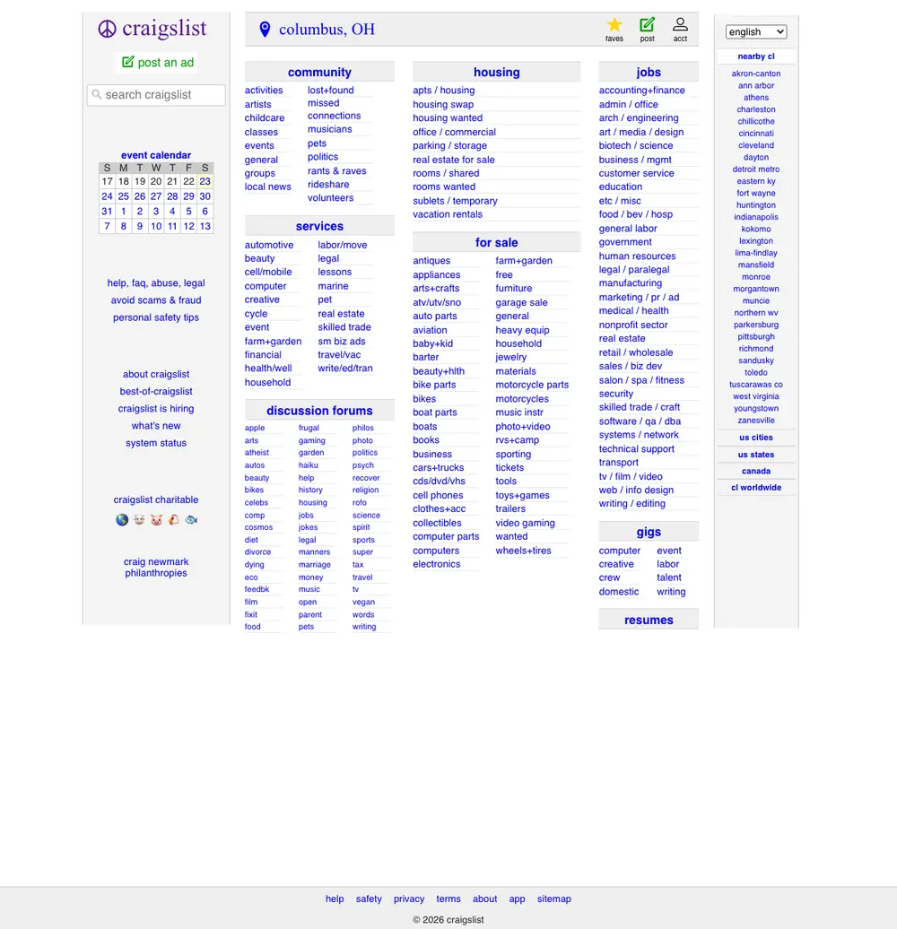 craigslist job board platform screenshot showing job search interface