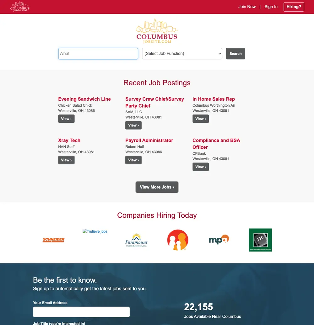 Columbus Jobsite job board platform screenshot showing job search interface