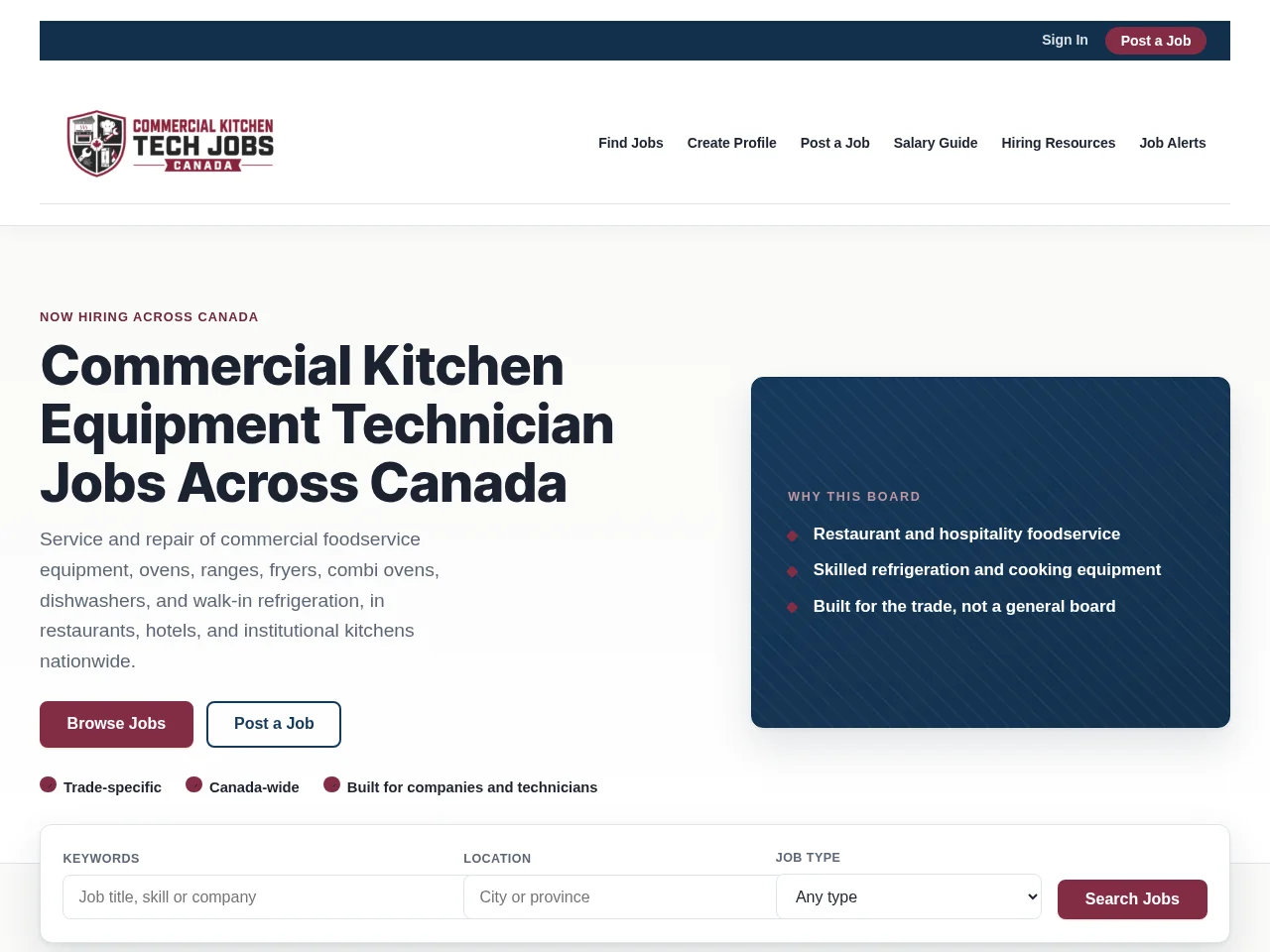 Commercial Kitchen Tech Jobs screenshot Commercial Kitchen Tech Jobs job board platform screenshot showing job search interface