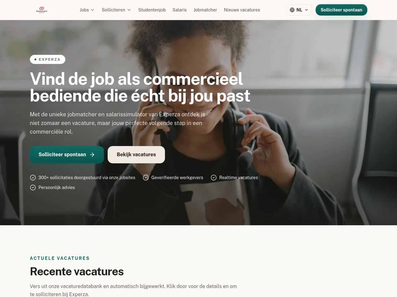 Commercieelbediende.be job board platform screenshot showing job search interface