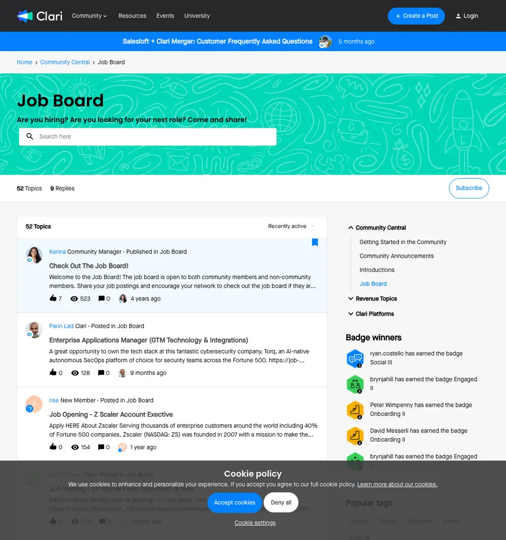 Clari Community Job Board job board platform screenshot showing job search interface