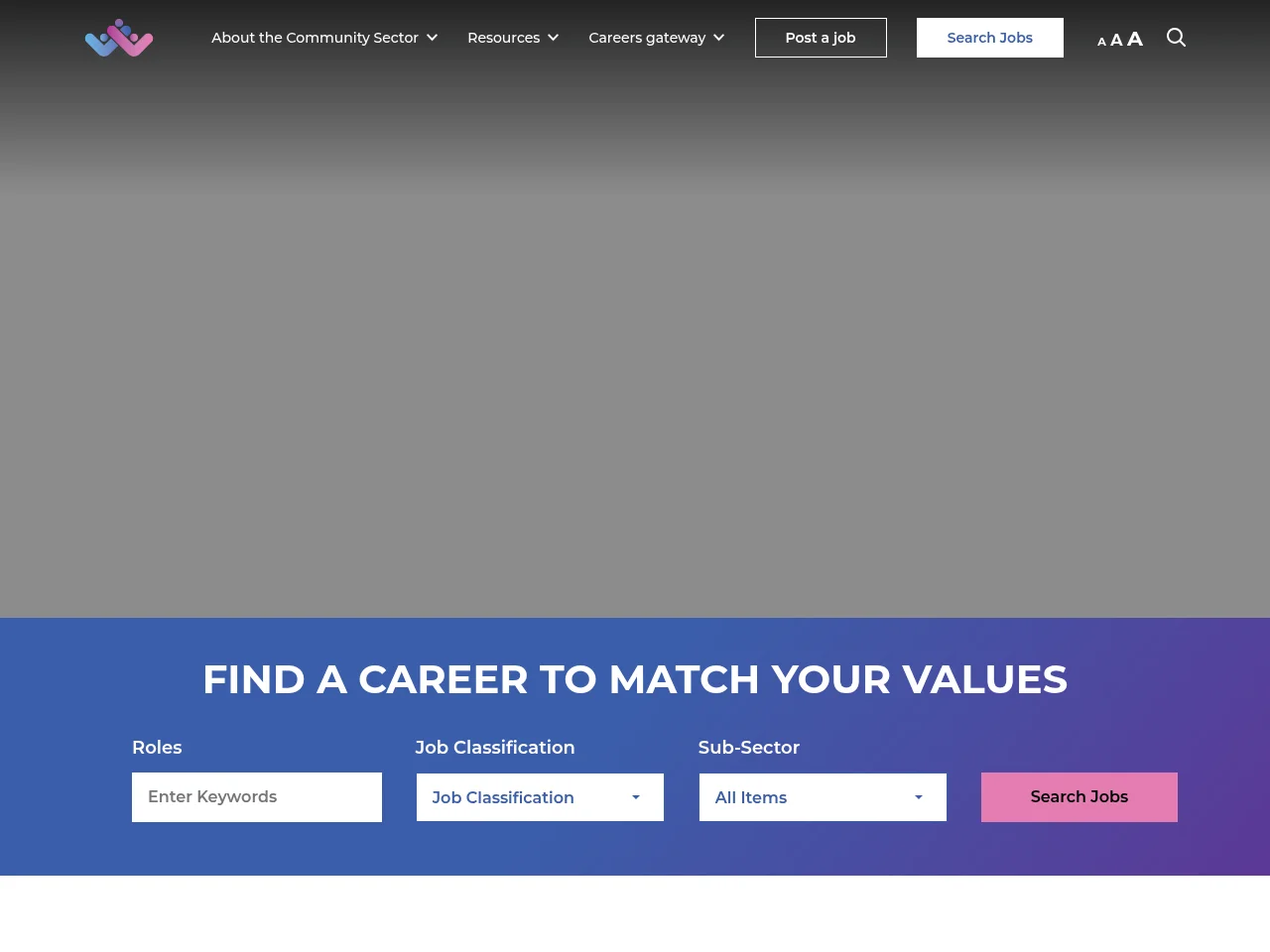 ACT Community Sector Careers Gateway job board platform screenshot showing job search interface