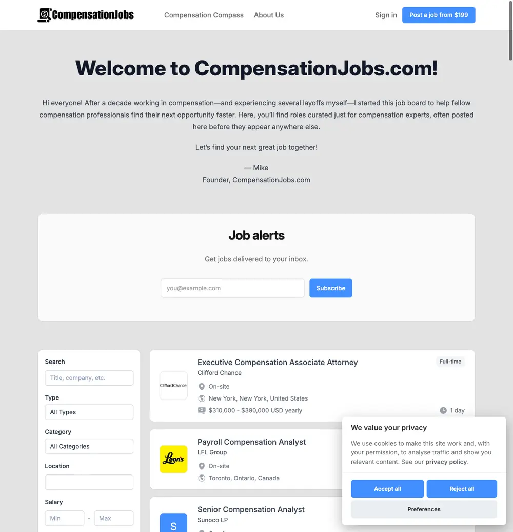 CompensationJobs.com job board platform screenshot showing job search interface