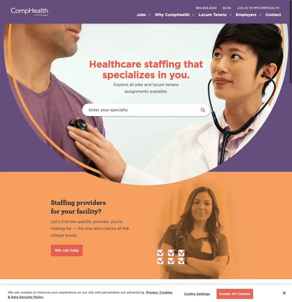 CompHealth job board platform screenshot showing job search interface