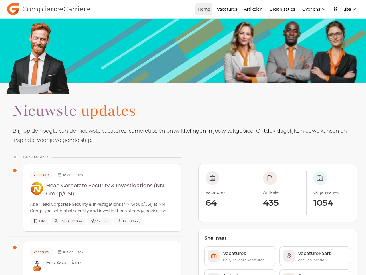ComplianceCarriere job board platform screenshot showing job search interface