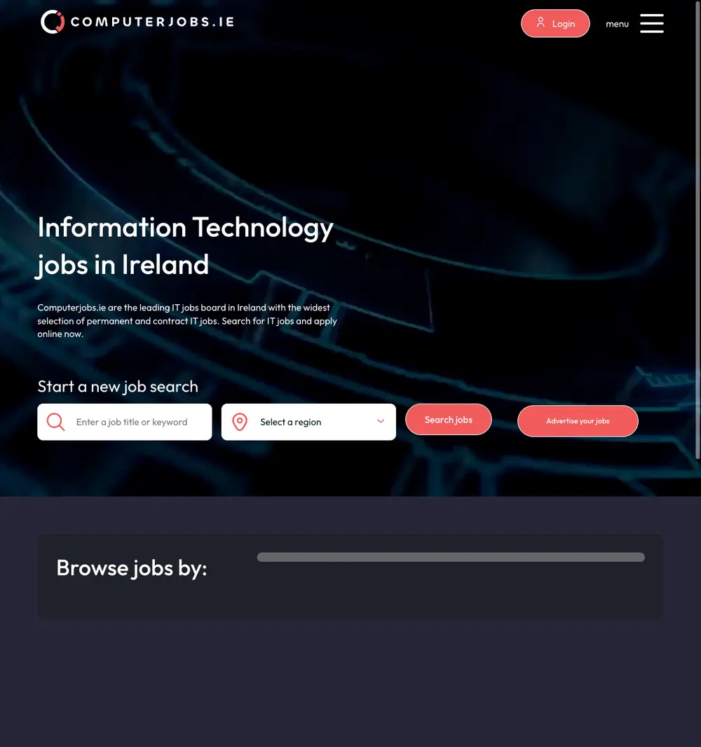 ComputerJobs.ie job board platform screenshot showing job search interface