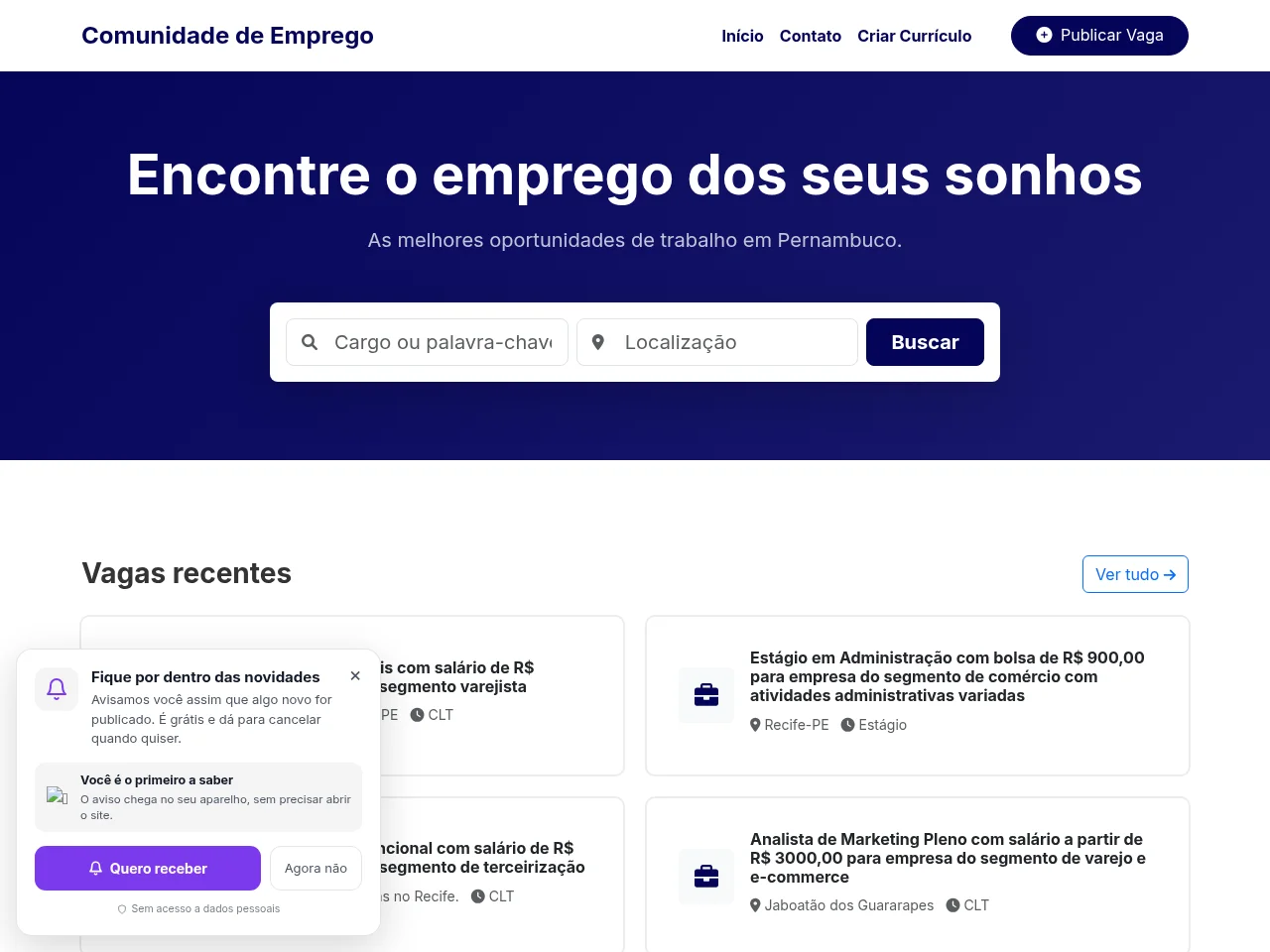 Comunidade de Emprego job board platform screenshot showing job search interface