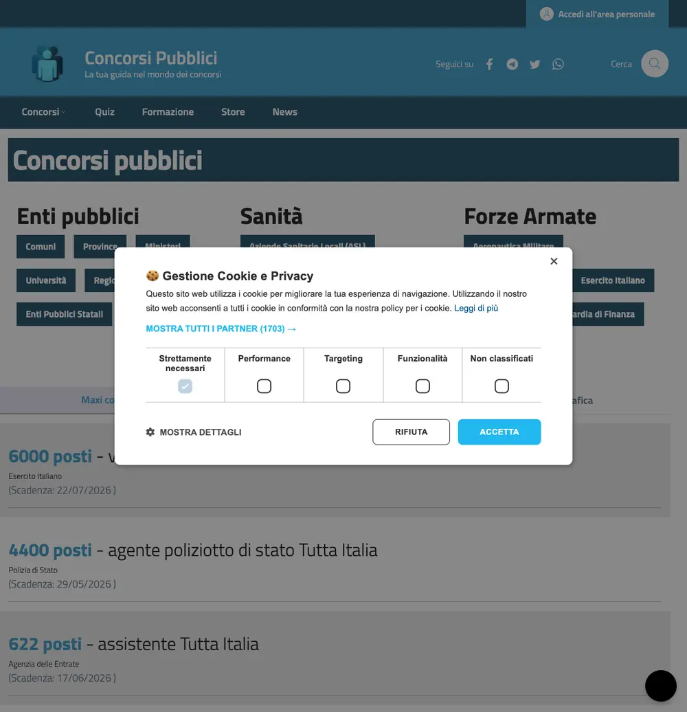 ConcorsiPubblici.Com job board platform screenshot showing job search interface
