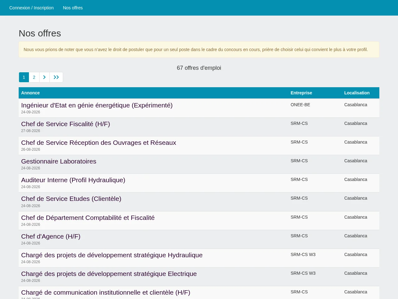 CONCOURS - espace emploi job board platform screenshot showing job search interface