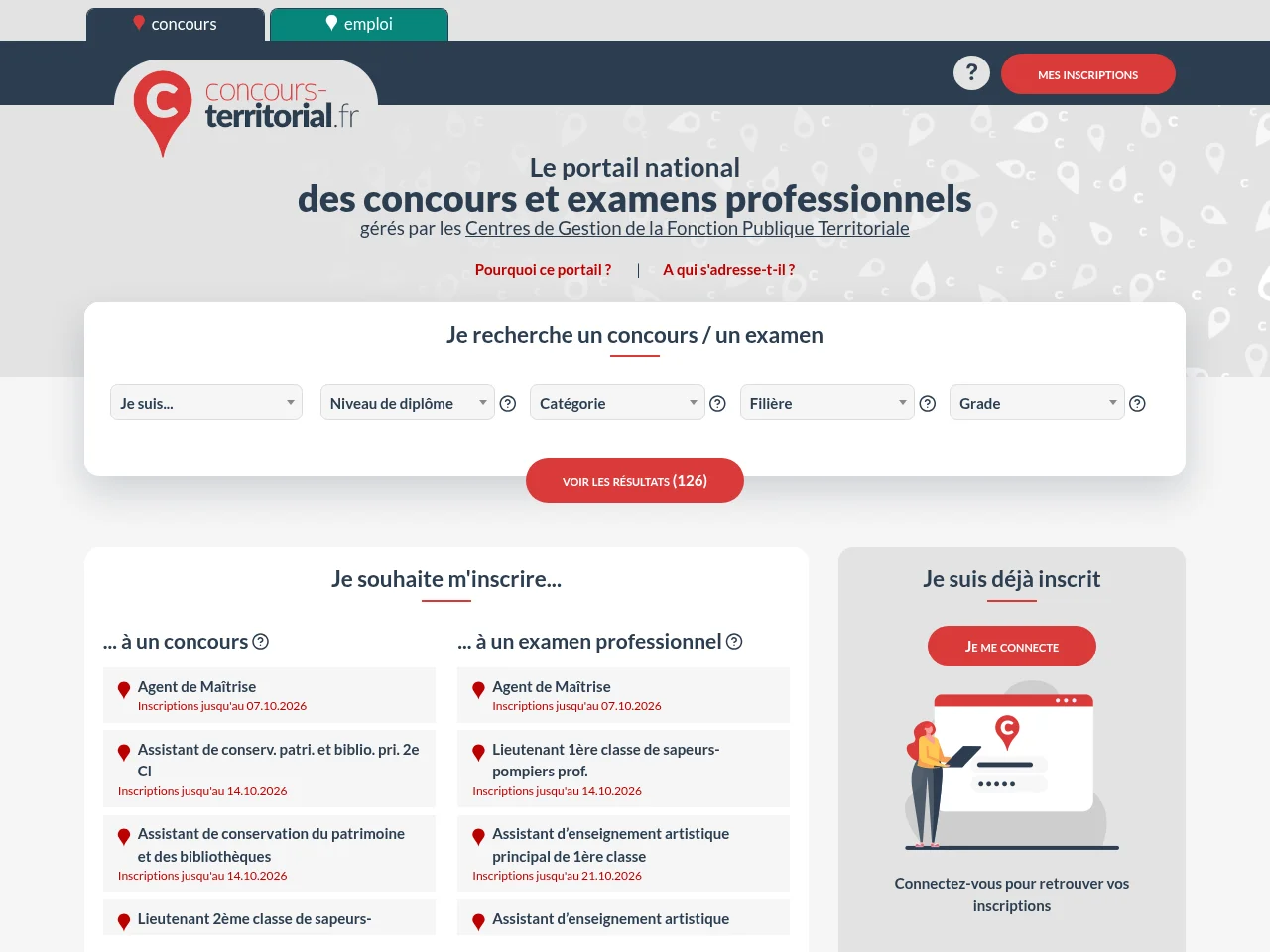 Concours-Territorial job board platform screenshot showing job search interface
