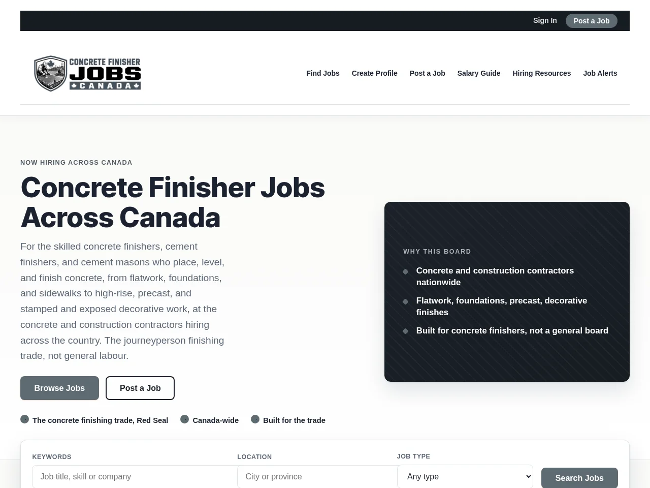 Concrete Finisher Jobs Canada screenshot Concrete Finisher Jobs Canada job board platform screenshot showing job search interface