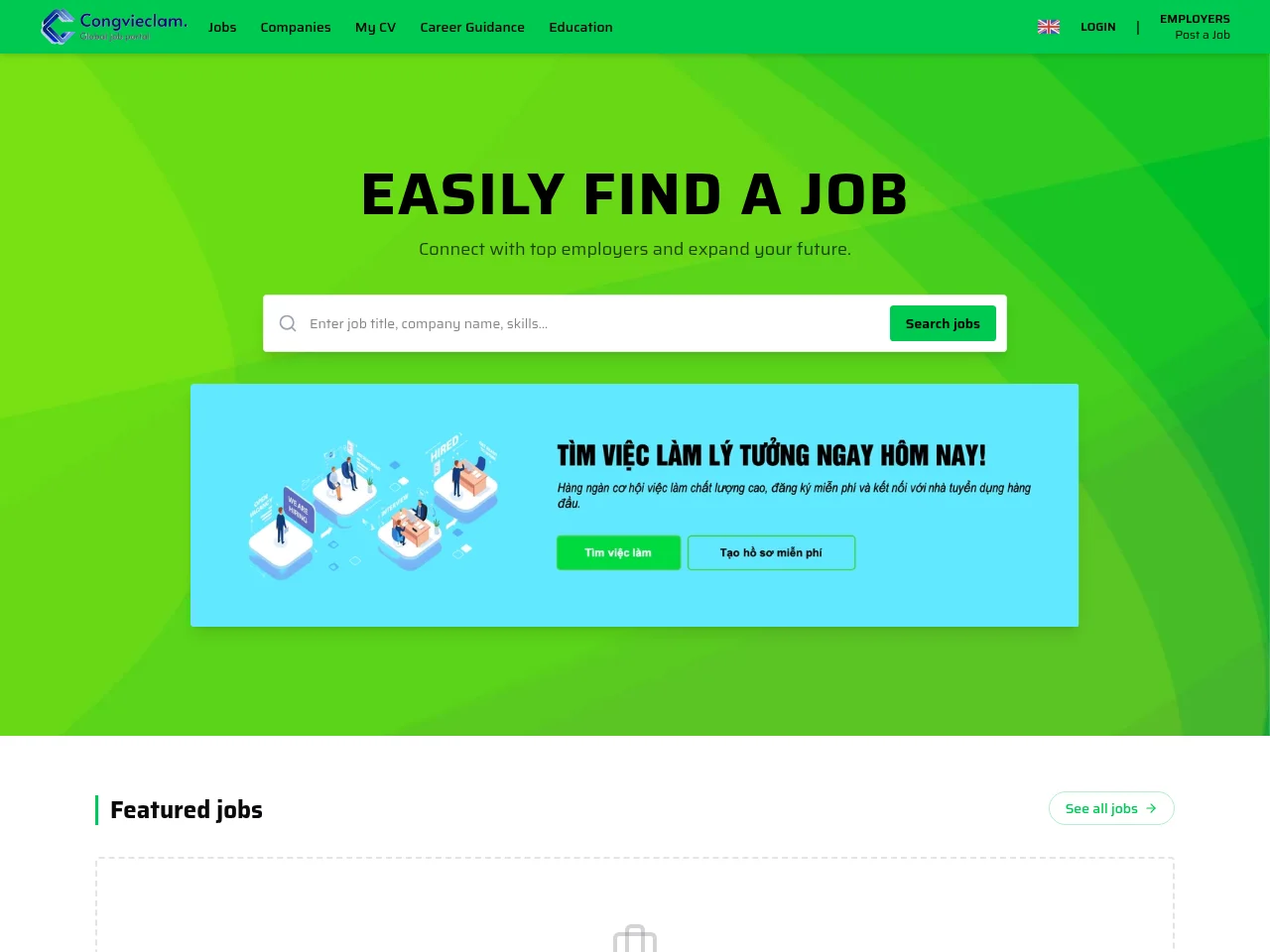 CongViecLam job board platform screenshot showing job search interface