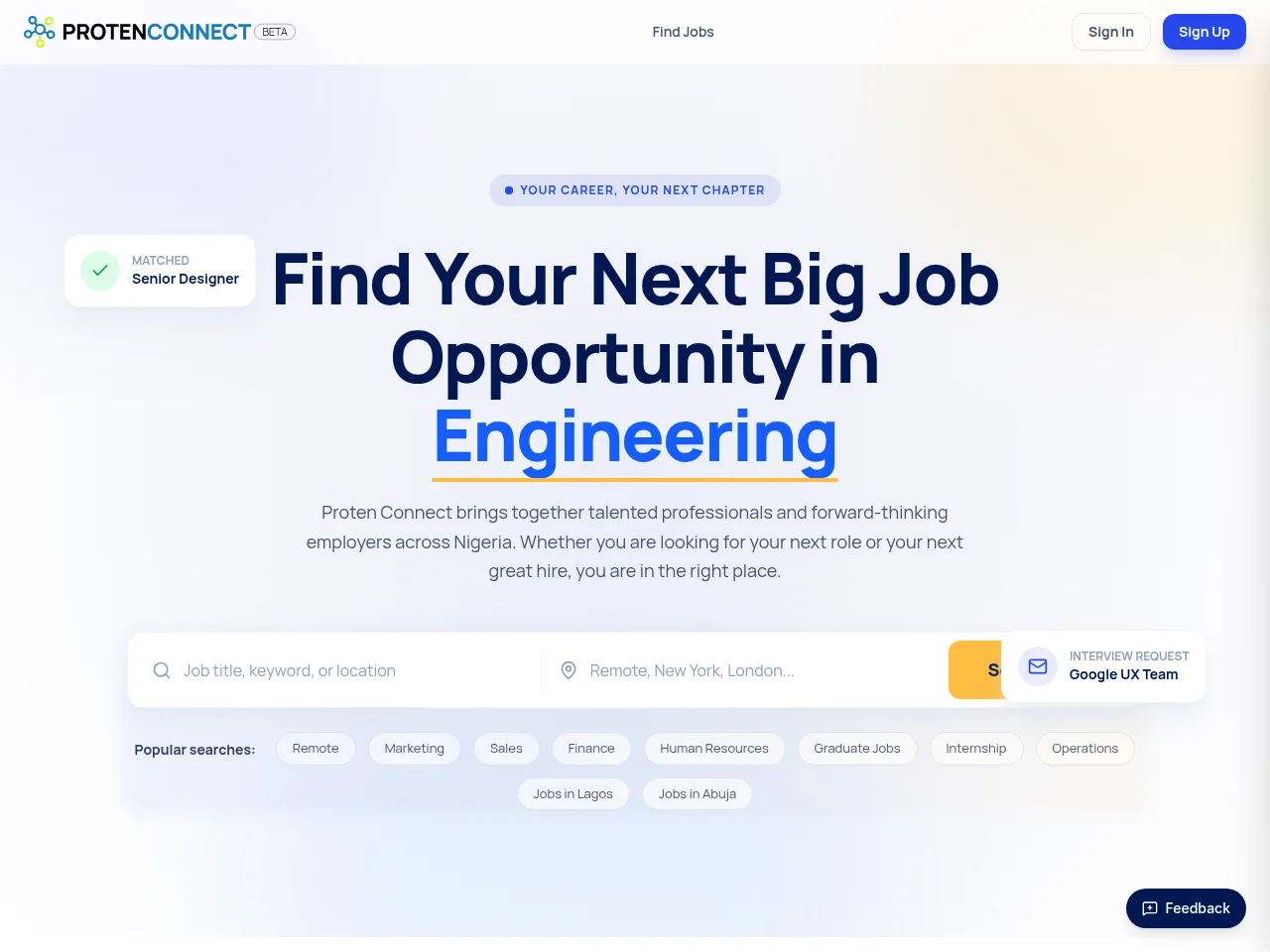 Proten Connect job board platform screenshot showing job search interface