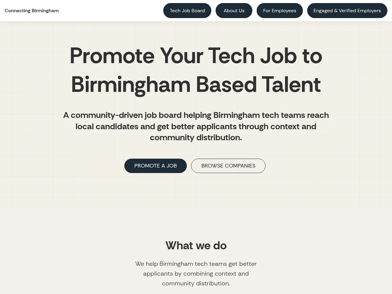 Connecting Birmingham job board platform screenshot showing job search interface