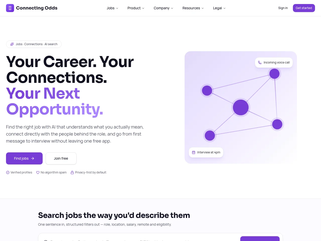Connecting Odds screenshot Connecting Odds job board platform screenshot showing job search interface