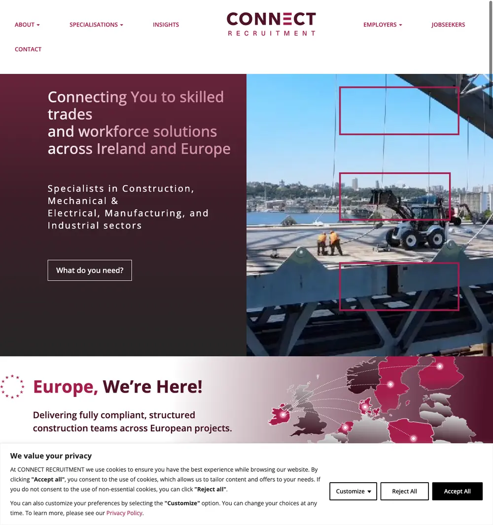 Connect Recruitment job board platform screenshot showing job search interface