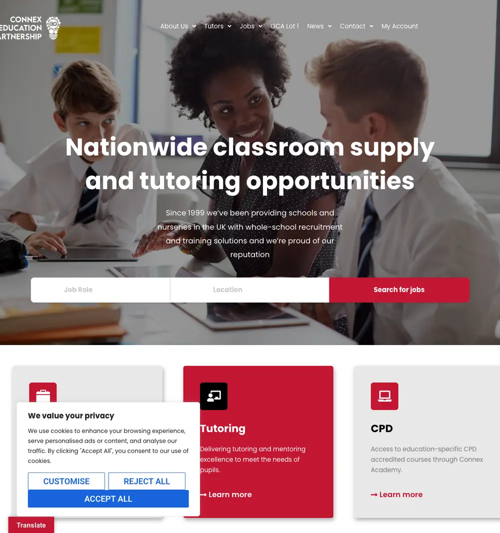 Connex Education Partnership job board platform screenshot showing job search interface
