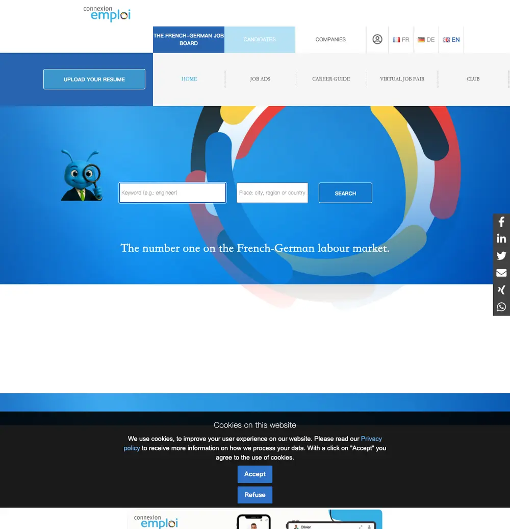 Connexion-Emploi job board platform screenshot showing job search interface