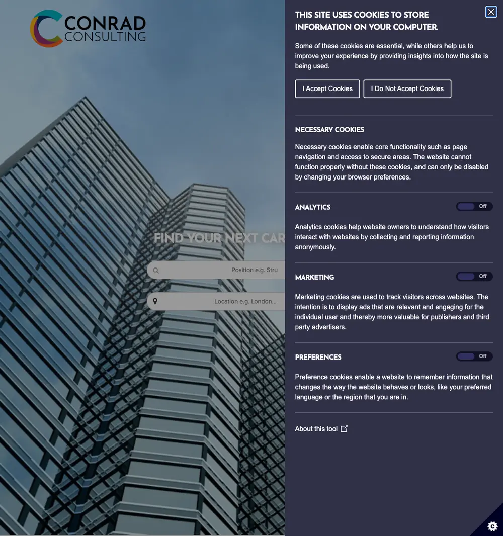Conrad Consulting job board platform screenshot showing job search interface