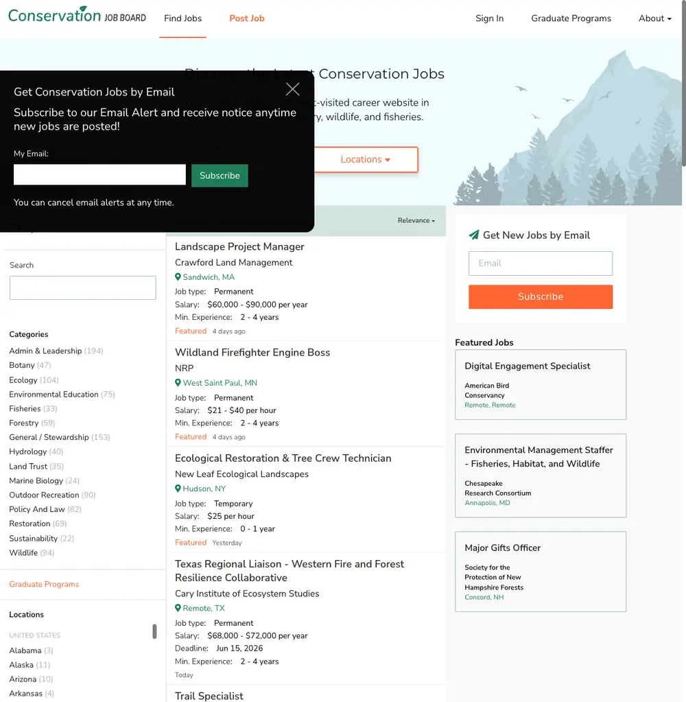 Conservation Job Board job board platform screenshot showing job search interface