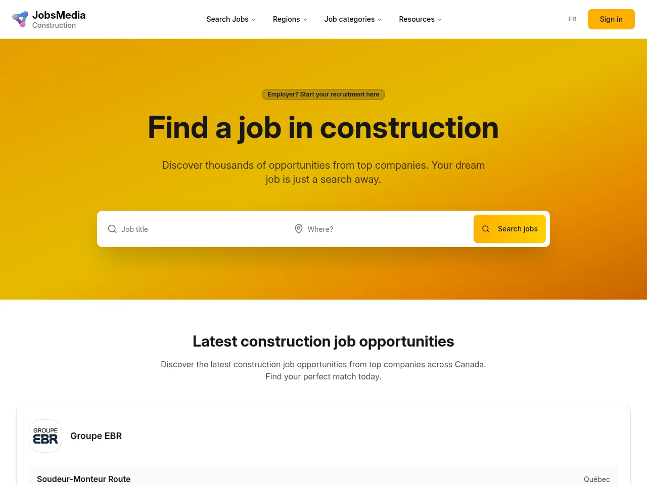 Construction Jobs | JobsMedia.io job board platform screenshot showing job search interface