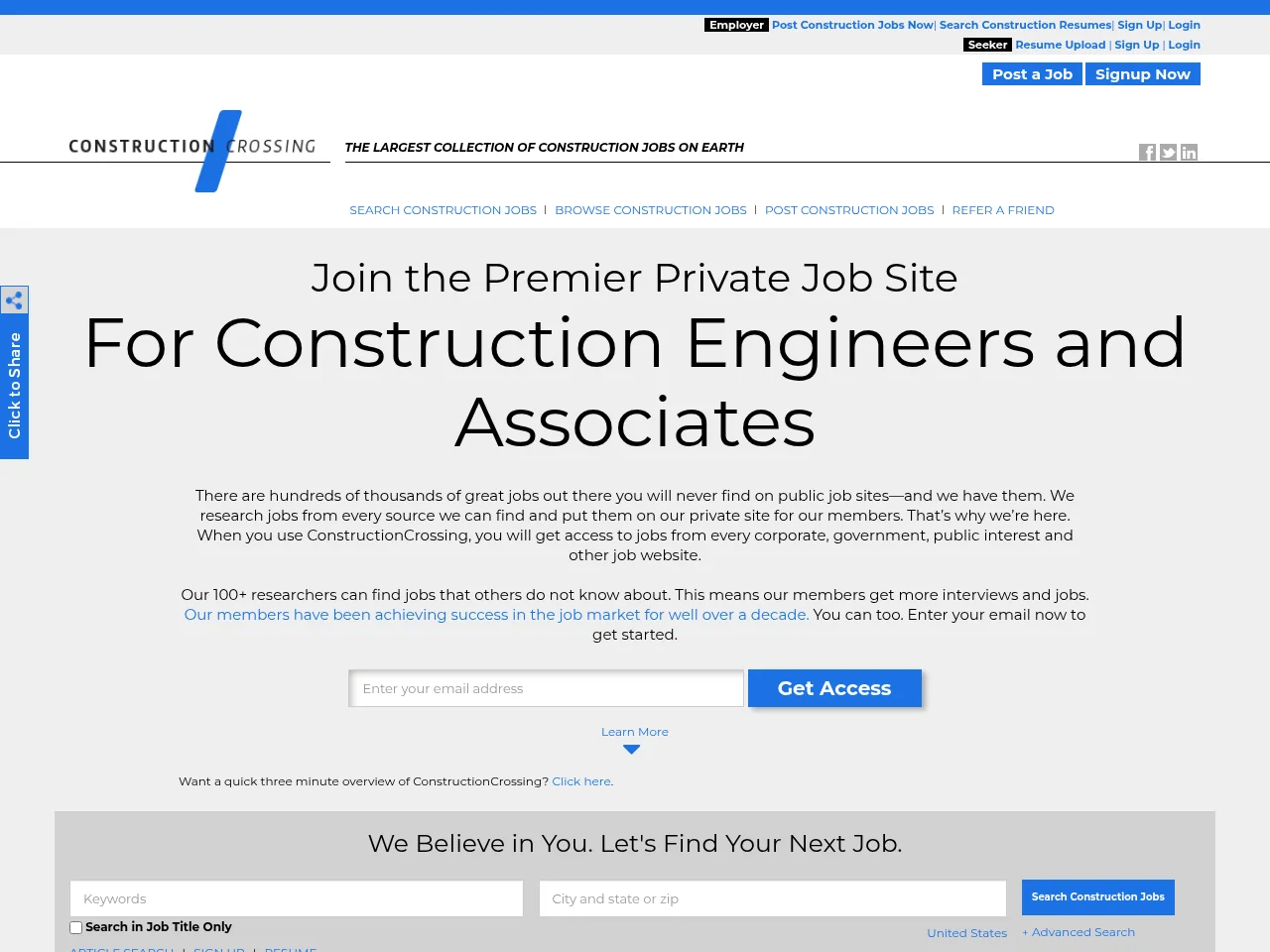 ConstructionCrossing.com job board platform screenshot showing job search interface