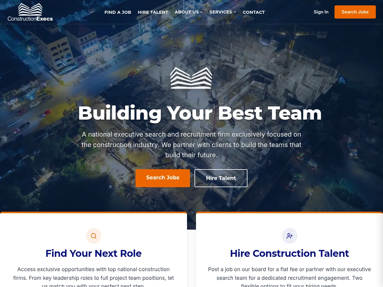 ConstructionExecs job board platform screenshot showing job search interface