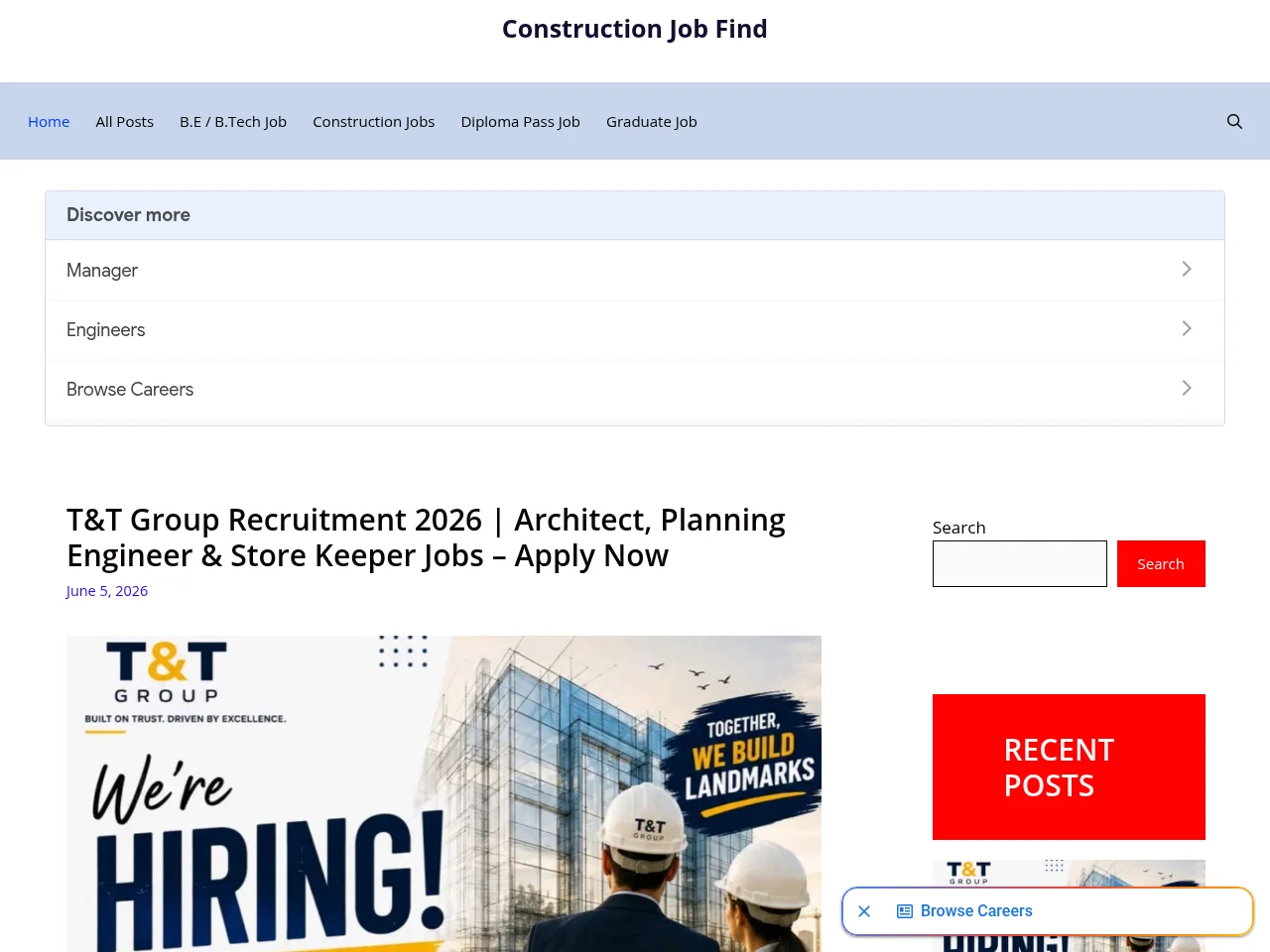 Construction Job Find job board platform screenshot showing job search interface