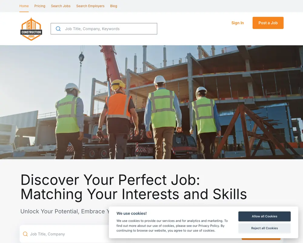 ConstructionJobs.com job board platform screenshot showing job search interface