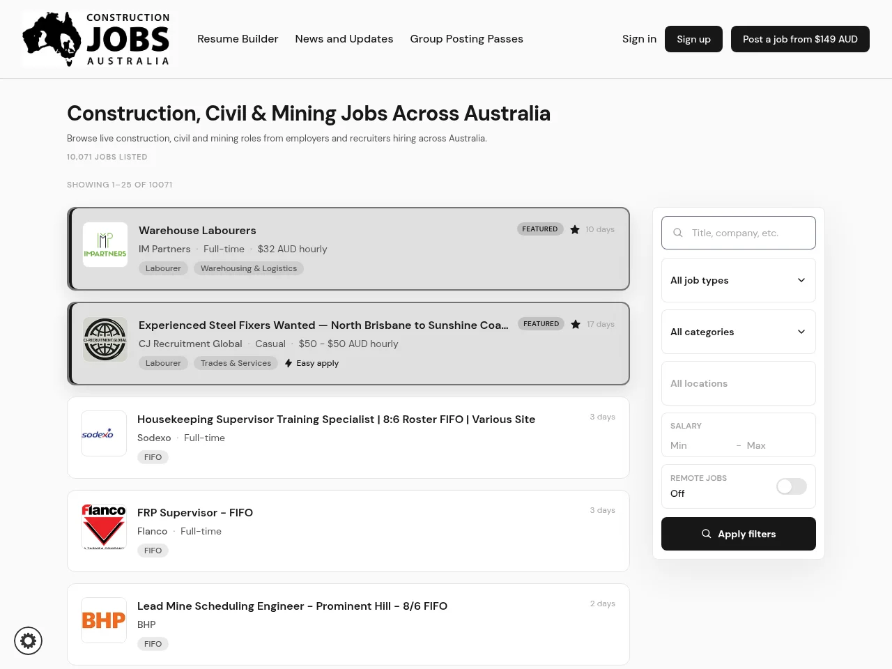 Construction Jobs Australia job board platform screenshot showing job search interface