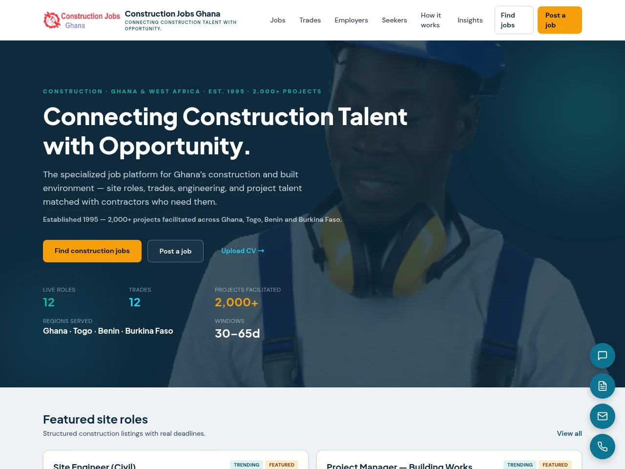 Construction Jobs Ghana job board platform screenshot showing job search interface