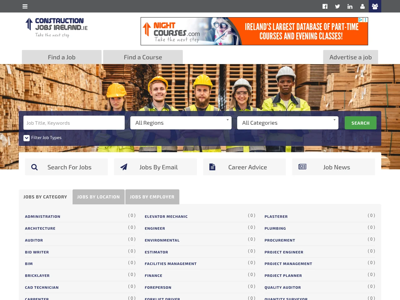 Construction Jobs Ireland job board platform screenshot showing job search interface