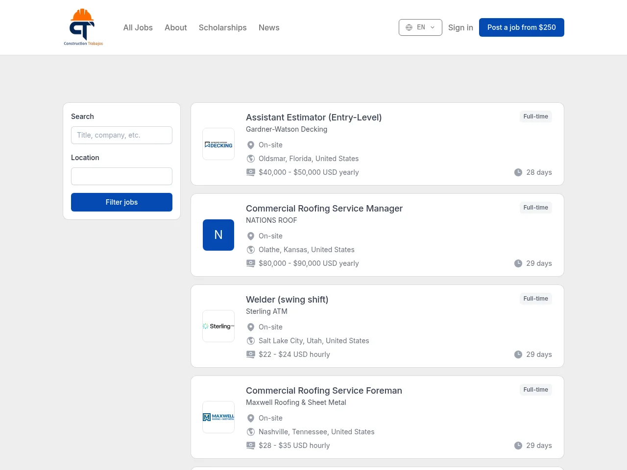 Construction Trabajos screenshot Construction Trabajos job board platform screenshot showing job search interface