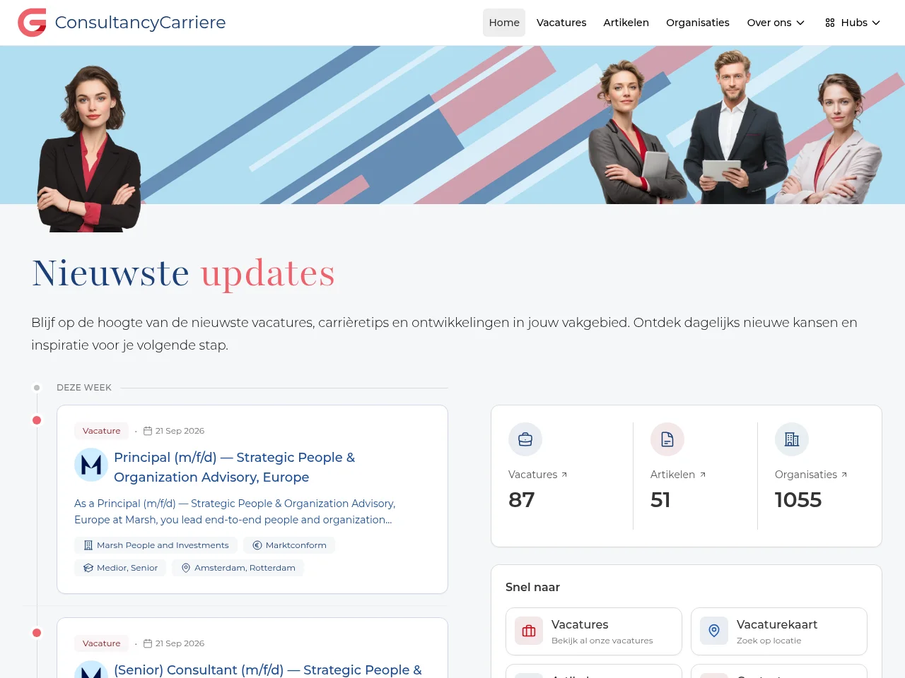 ConsultancyCarriere.nl job board platform screenshot showing job search interface