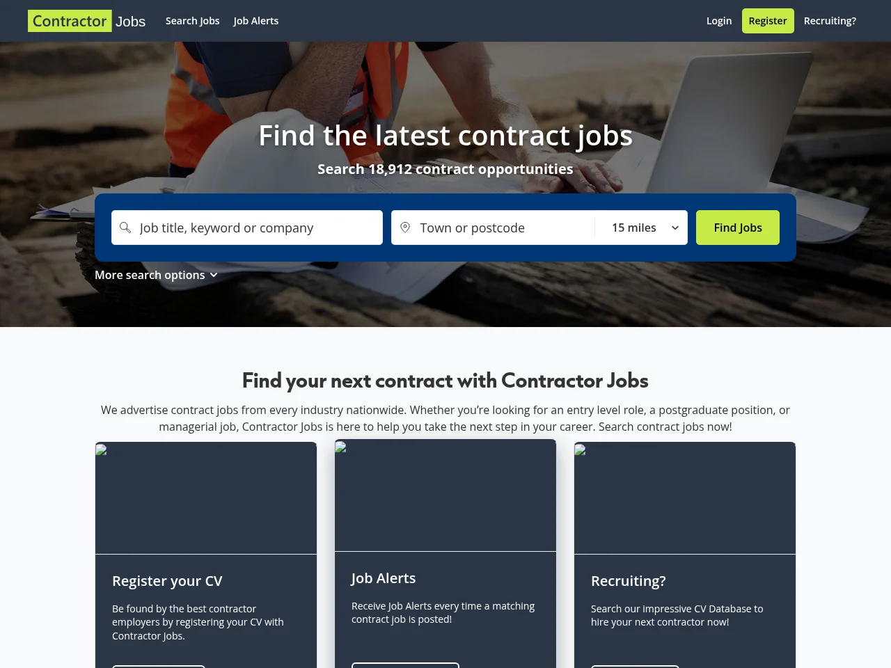 Contractor Jobs job board platform screenshot showing job search interface
