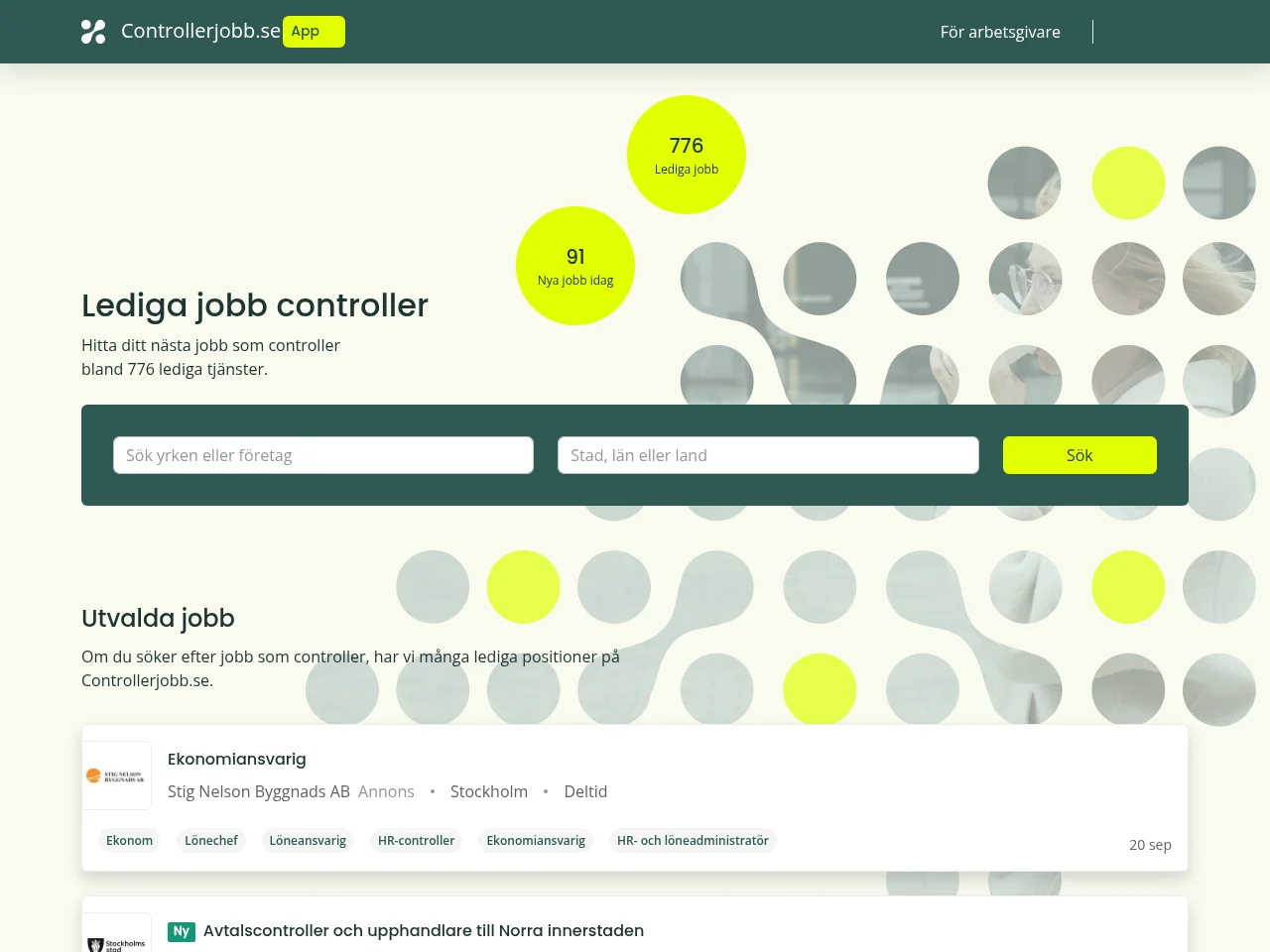 controllerjobb.se job board platform screenshot showing job search interface